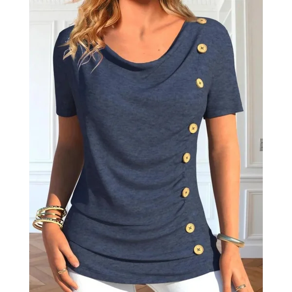 Kadın Kısa Kollu Degaje Yaka Düğme Detay Viskon Bluz