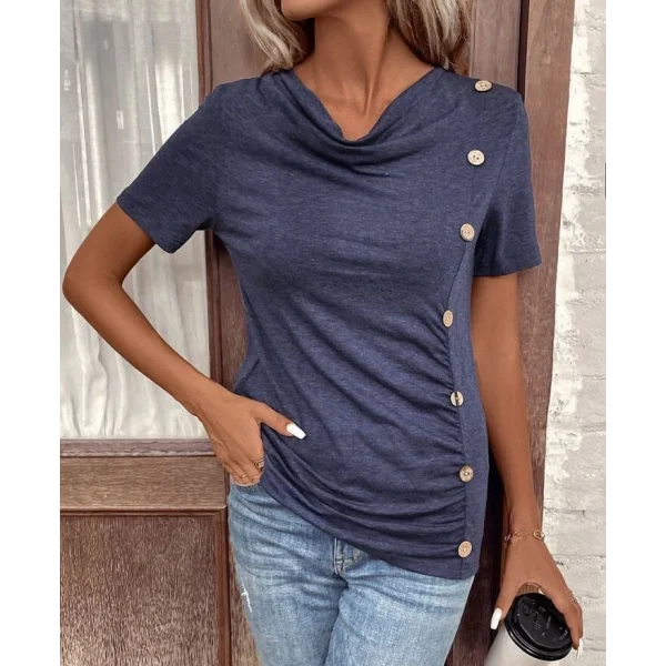 Kadın Kısa Kollu Degaje Yaka Düğme Detay Viskon Bluz