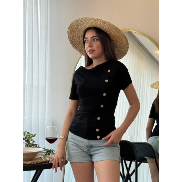 Kadın Kısa Kollu Degaje Yaka Düğme Detay Viskon Bluz