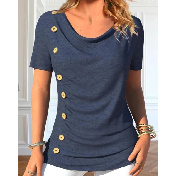 Kadın Kısa Kollu Degaje Yaka Düğme Detay Viskon Bluz