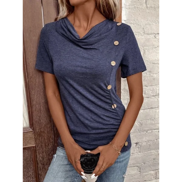 Kadın Kısa Kollu Degaje Yaka Düğme Detay Viskon Bluz