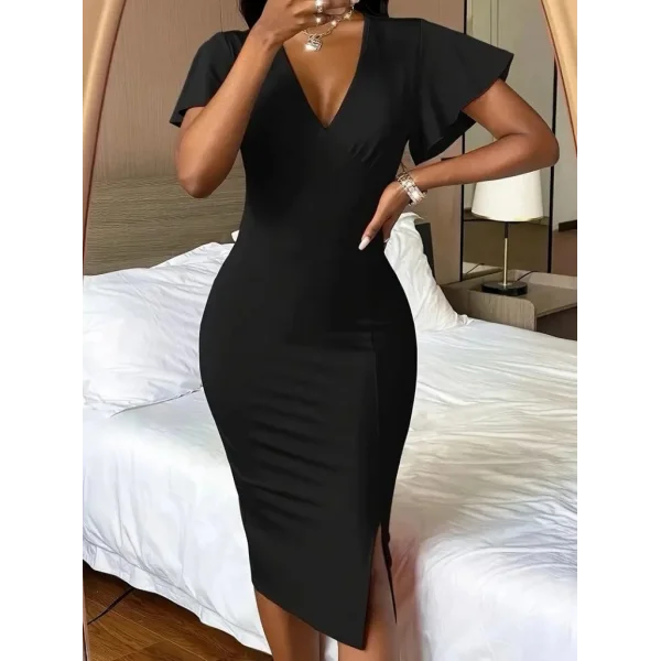 Kadın Kısa Kollu Derin Dekolte V Yakalı Yırtmaçlı Midi Janjan Krep Elbise