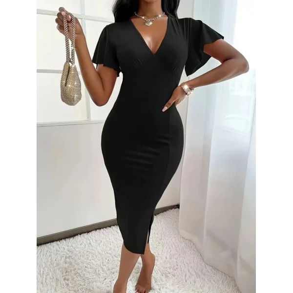 Kadın Kısa Kollu Derin Dekolte V Yakalı Yırtmaçlı Midi Janjan Krep Elbise