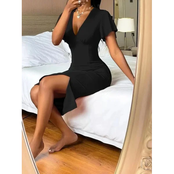 Kadın Kısa Kollu Derin Dekolte V Yakalı Yırtmaçlı Midi Janjan Krep Elbise