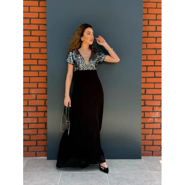 Kadın Kısa Kollu Derin V Yakalı A Kesim Pulpayet Detaylı şifon Nedime Elbisesi