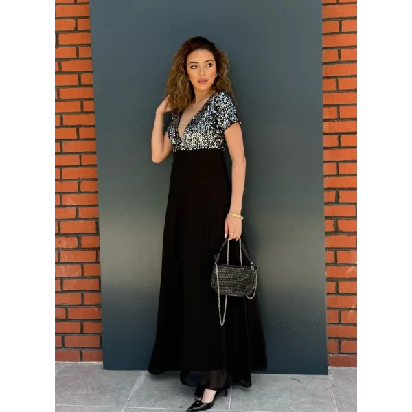 Kadın Kısa Kollu Derin V Yakalı A Kesim Pulpayet Detaylı şifon Nedime Elbisesi