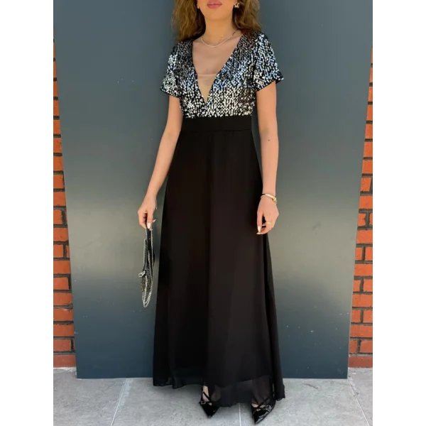 Kadın Kısa Kollu Derin V Yakalı A Kesim Pulpayet Detaylı şifon Nedime Elbisesi