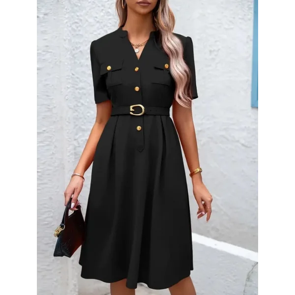 Kadın Kısa Kollu Düğmeli Ve Kemerli Atlas Elbise