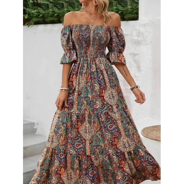 Kadın Kısa Kollu Düşük Omuzlu Beli Büzgülü Dijital Desenli Kesik Elyaf Süprem Uzun Elbise