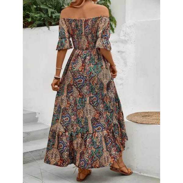 Kadın Kısa Kollu Düşük Omuzlu Beli Büzgülü Dijital Desenli Kesik Elyaf Süprem Uzun Elbise