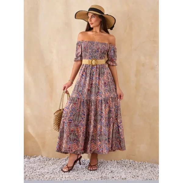 Kadın Kısa Kollu Düşük Omuzlu Beli Büzgülü Dijital Desenli Kesik Elyaf Süprem Uzun Elbise