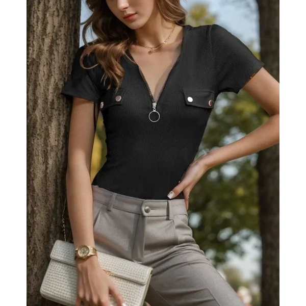 Kadın Kısa Kollu Fermuarlı Cep Detay Kaşkorse Bluz
