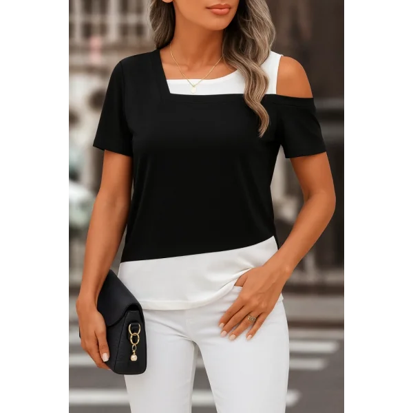 Kadın Kısa Kollu Geometrik Kesin Detaylı çift Renkli Viskon Bluz