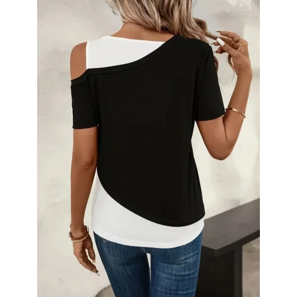 Kadın Kısa Kollu Geometrik Kesin Detaylı çift Renkli Viskon Bluz