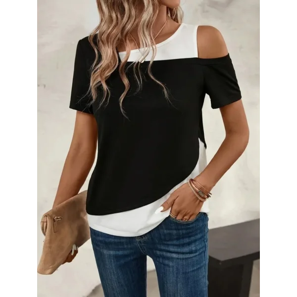 Kadın Kısa Kollu Geometrik Kesin Detaylı çift Renkli Viskon Bluz