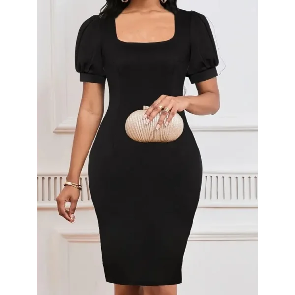 Kadın Kısa Kollu Geometrik Yaka Ithal Krep Elbise