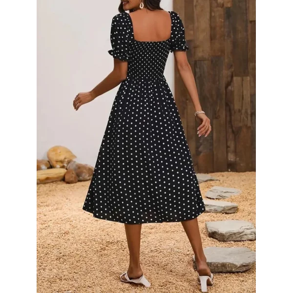 Kadın Kısa Kollu Geometrik Yaka Yırtmaçlı Puantiyeli Midi örme Krep Elbise