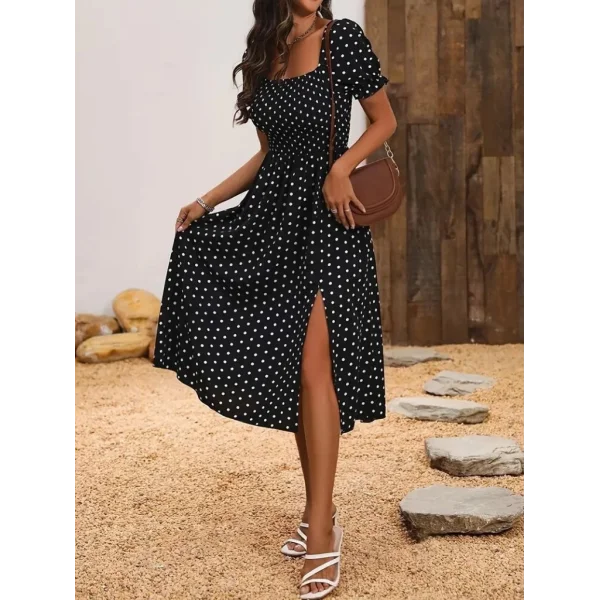 Kadın Kısa Kollu Geometrik Yaka Yırtmaçlı Puantiyeli Midi örme Krep Elbise