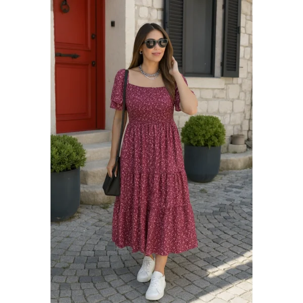 Kadın Kısa Kollu Gipe Detaylı Desenli Midi Süprem Elbise