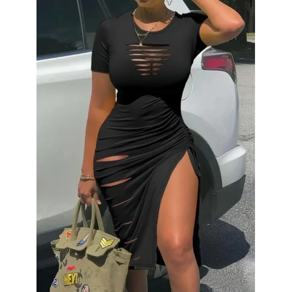 Kadın Kısa Kollu Göğüs Ve Bacak Kesik Ve Derin Büzgülü Yırtmaç Detay Viskon Midi Boy Elbise