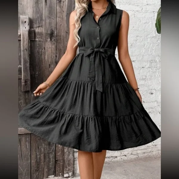 Kadın Kısa Kollu Gömlek Yaka Düğmeli Beli Kuşaklı Katlı Dokuma Midi Elbise