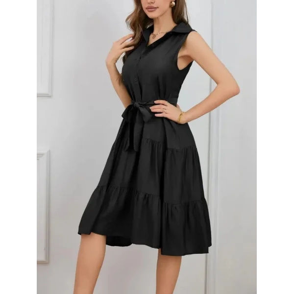 Kadın Kısa Kollu Gömlek Yaka Düğmeli Beli Kuşaklı Katlı Dokuma Midi Elbise