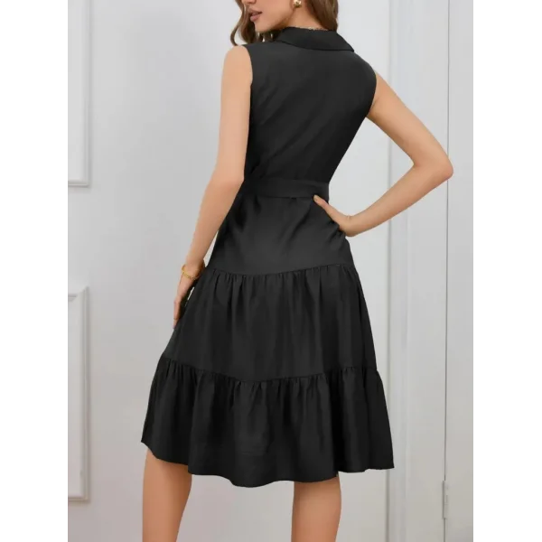 Kadın Kısa Kollu Gömlek Yaka Düğmeli Beli Kuşaklı Katlı Dokuma Midi Elbise