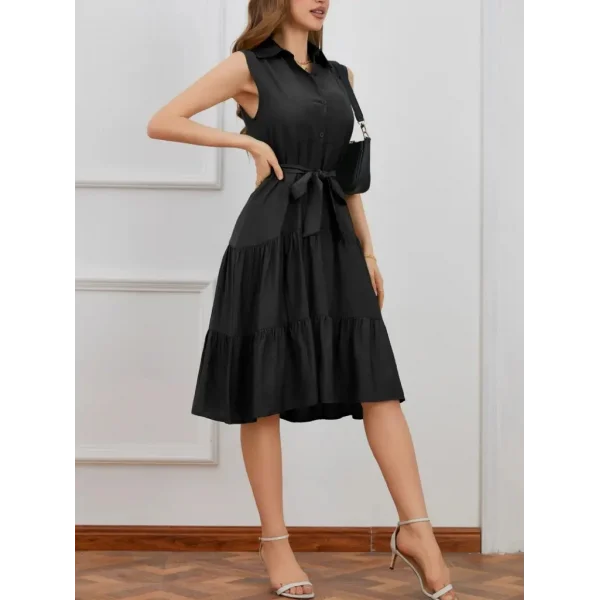 Kadın Kısa Kollu Gömlek Yaka Düğmeli Beli Kuşaklı Katlı Dokuma Midi Elbise