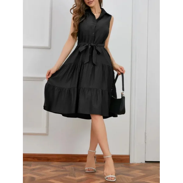 Kadın Kısa Kollu Gömlek Yaka Düğmeli Beli Kuşaklı Katlı Dokuma Midi Elbise