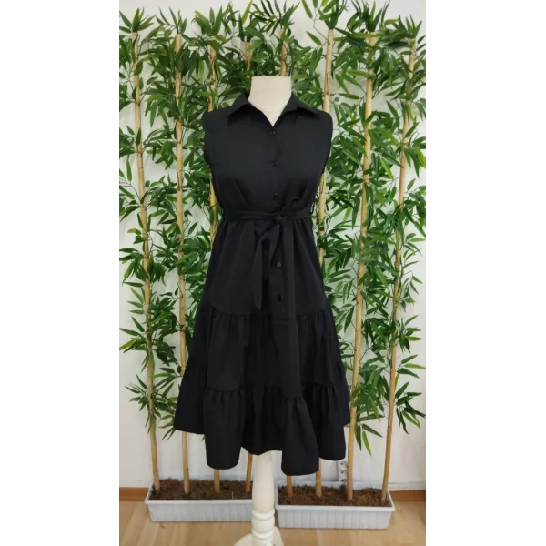 Kadın Kısa Kollu Gömlek Yaka Düğmeli Beli Kuşaklı Katlı Dokuma Midi Elbise