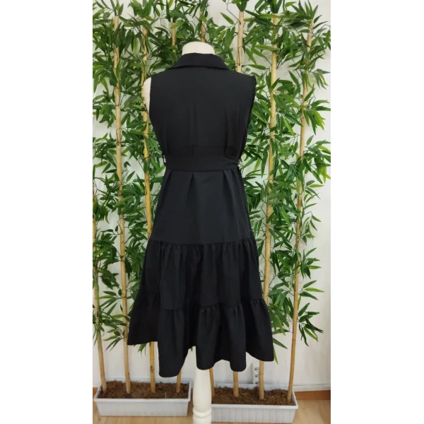 Kadın Kısa Kollu Gömlek Yaka Düğmeli Beli Kuşaklı Katlı Dokuma Midi Elbise