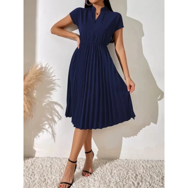 Kadın Kısa Kollu Hakim V Yakalı Pileli Janjan Krep Elbise