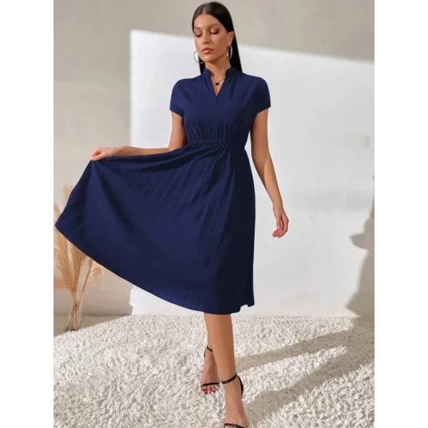 Kadın Kısa Kollu Hakim V Yakalı Pileli Janjan Krep Elbise