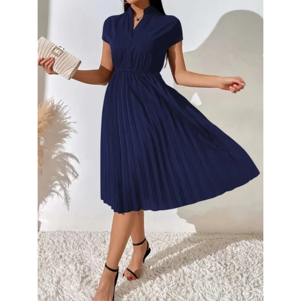 Kadın Kısa Kollu Hakim V Yakalı Pileli Janjan Krep Elbise