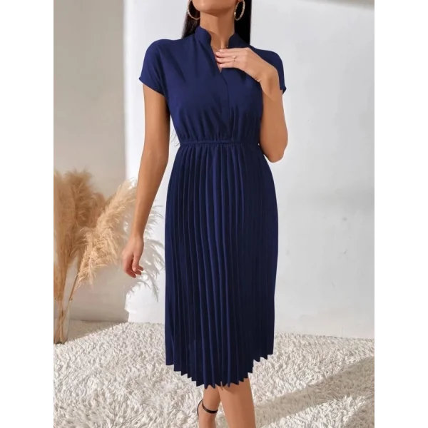 Kadın Kısa Kollu Hakim V Yakalı Pileli Janjan Krep Elbise