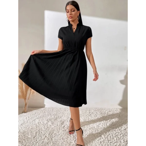 Kadın Kısa Kollu Hakim V Yakalı Pileli Janjan Krep Elbise