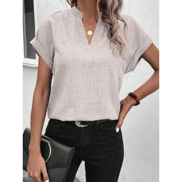 Kadın Kısa Kollu Hakim Yaka Keten Bluz