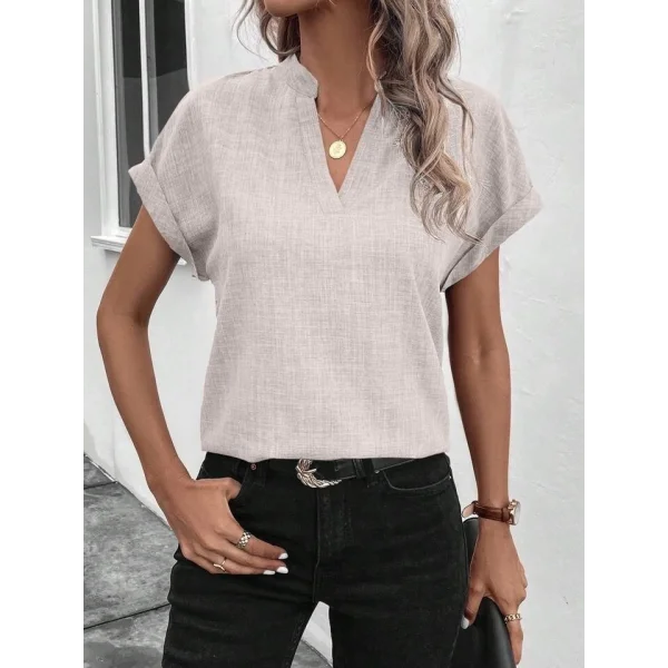 Kadın Kısa Kollu Hakim Yaka Keten Bluz