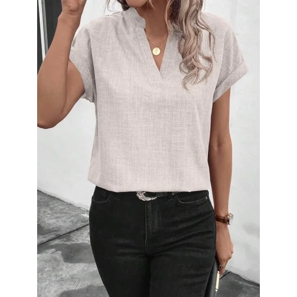 Kadın Kısa Kollu Hakim Yaka Keten Bluz
