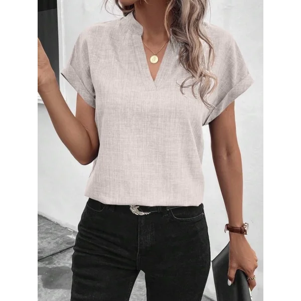 Kadın Kısa Kollu Hakim Yaka Keten Bluz