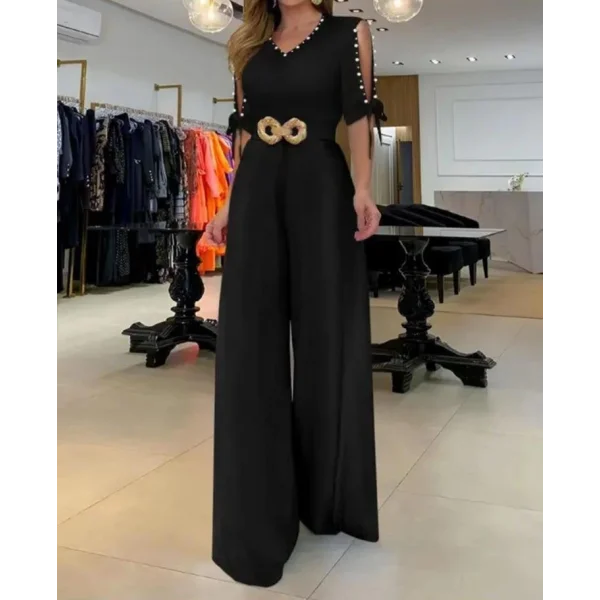 Kadın Kısa Kollu Inci Detay Kemer Dahil Tulum