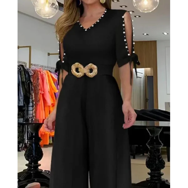 Kadın Kısa Kollu Inci Detay Kemer Dahil Tulum