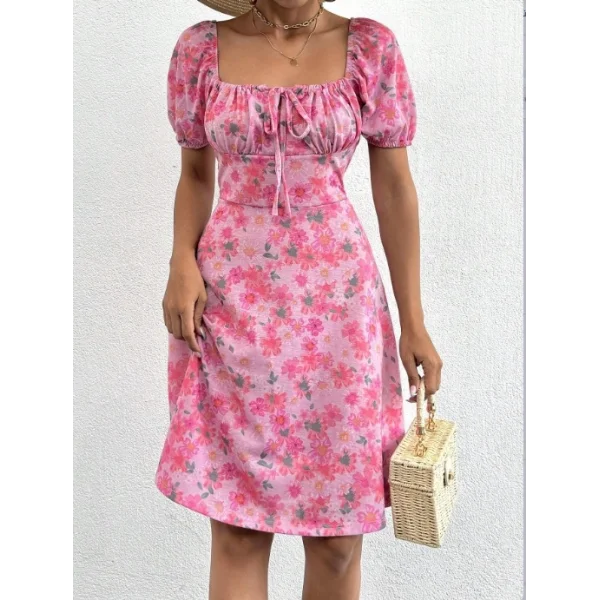 Kadın Kısa Kollu ini çiçek Baskılı Bağcık Detay üprem idi Boy Elbise