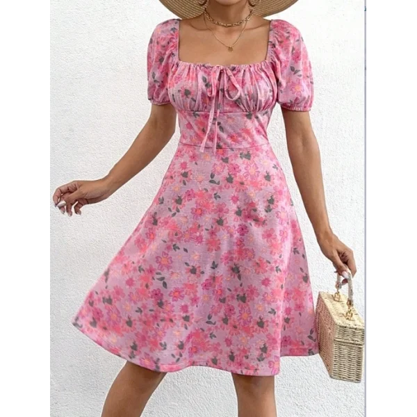 Kadın Kısa Kollu ini çiçek Baskılı Bağcık Detay üprem idi Boy Elbise