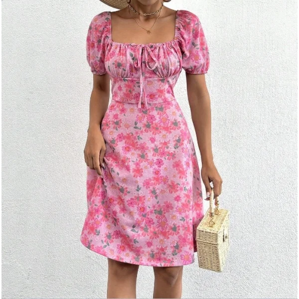 Kadın Kısa Kollu ini çiçek Baskılı Bağcık Detay üprem idi Boy Elbise