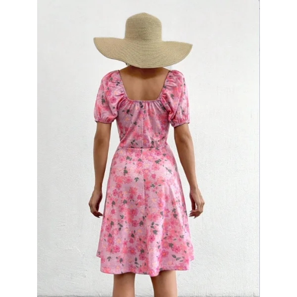 Kadın Kısa Kollu ini çiçek Baskılı Bağcık Detay üprem idi Boy Elbise