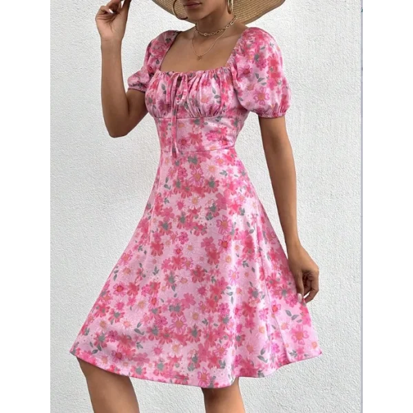 Kadın Kısa Kollu ini çiçek Baskılı Bağcık Detay üprem idi Boy Elbise