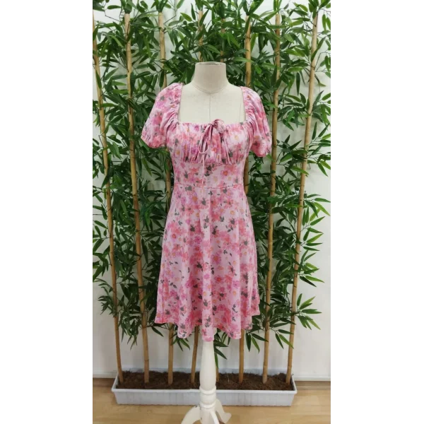 Kadın Kısa Kollu ini çiçek Baskılı Bağcık Detay üprem idi Boy Elbise