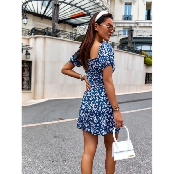 Kadın Kısa Kollu Kalp Yaka çiçek Desenli Krep Elbise