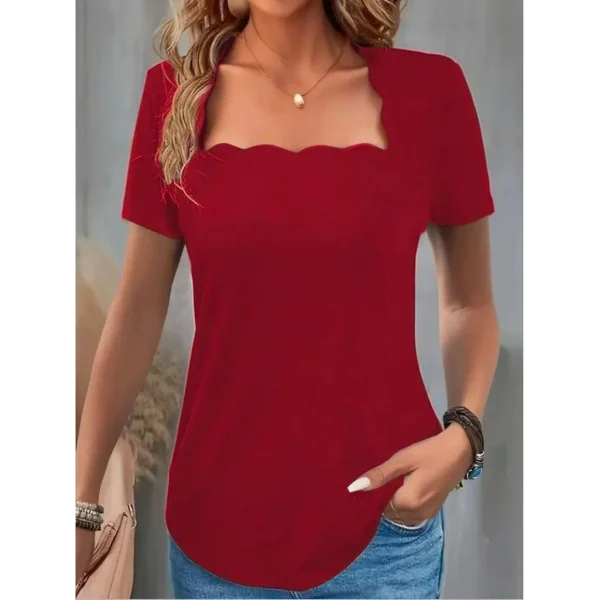 Kadın Kısa Kollu Kare Lazer Yakalı Janjan Krep Bluz